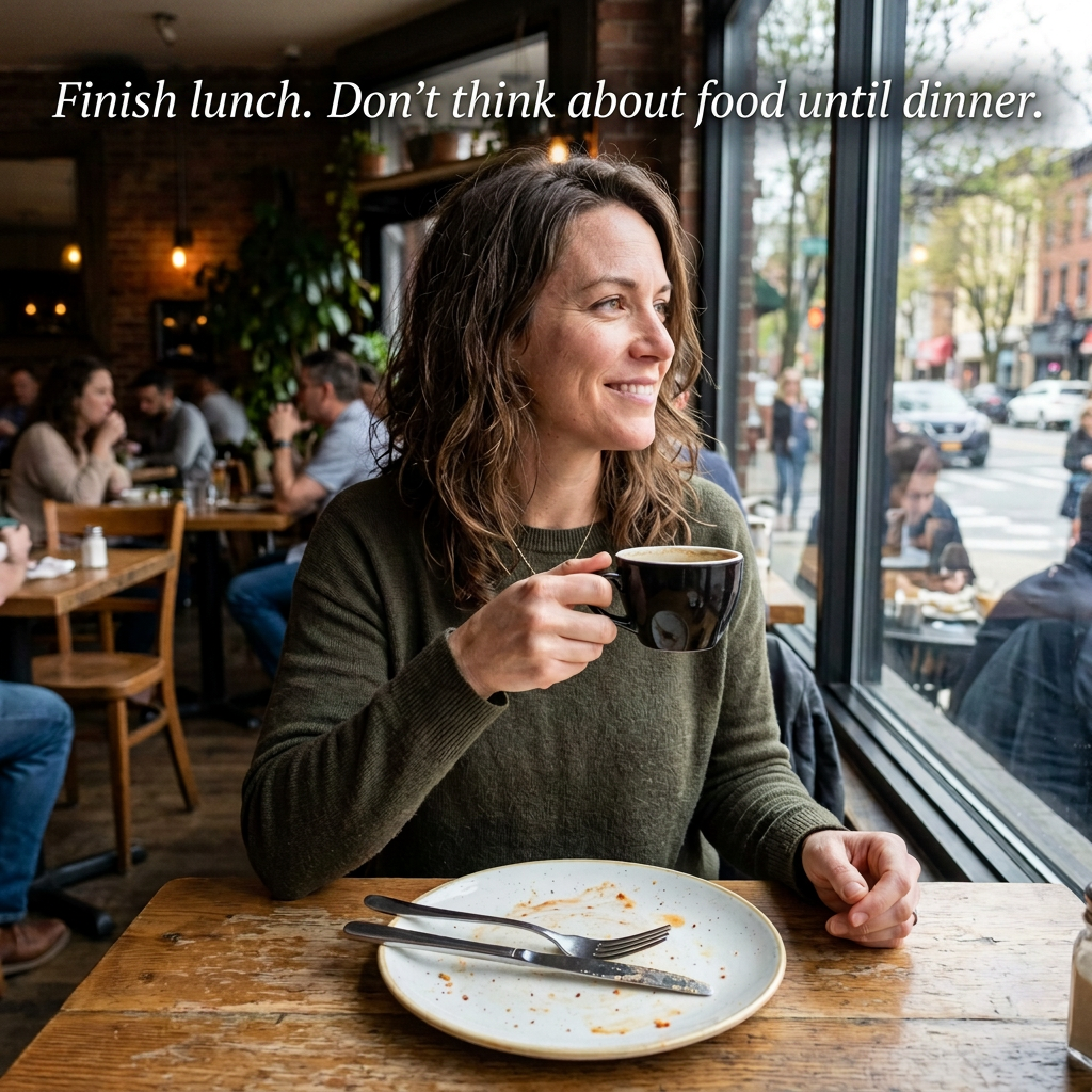 Finish lunch. Don't think about food until dinner.